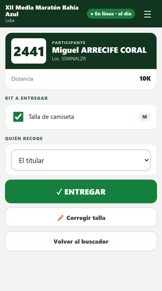 App de entrega: ficha del corredor con su talla y quién recoge