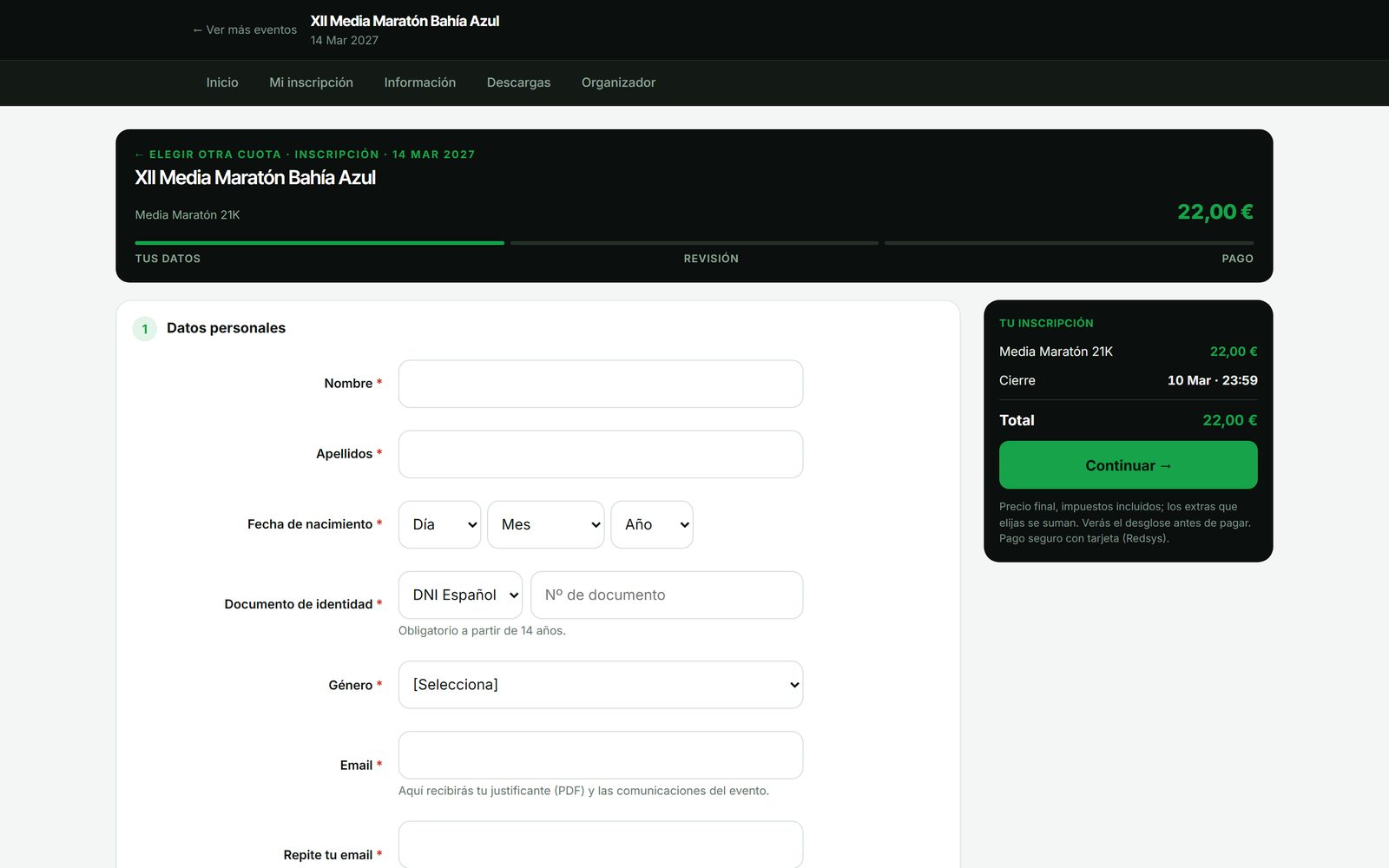 Formulario de inscripción online con el resumen y el total