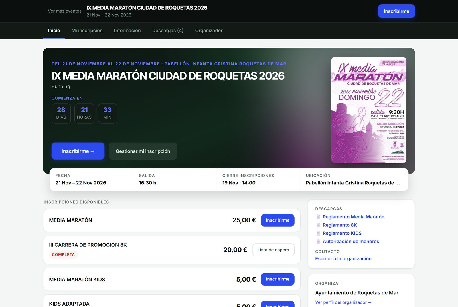 Página de inscripción de IX Media Maratón Ciudad de Roquetas en inscrik.com